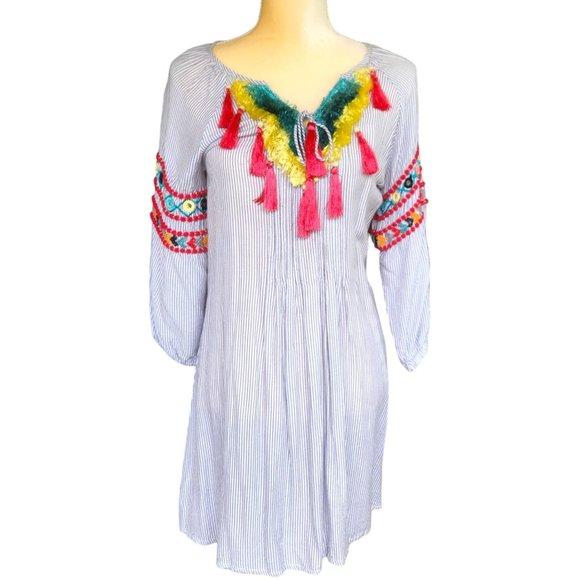 America and Beyond Boho Fringe Embroidered Mini Dress with Tassel Ties NEW w/TAG - Picture 2 of 12